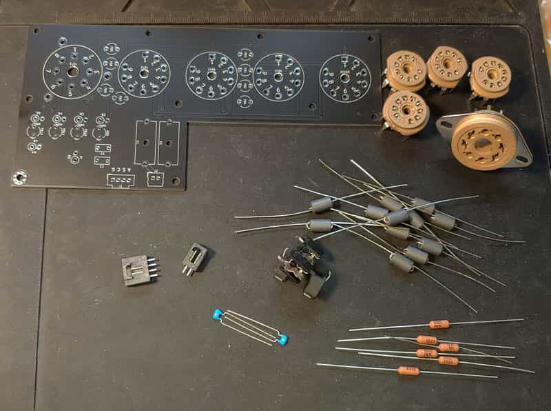 Tube socket board and parts, prior to building